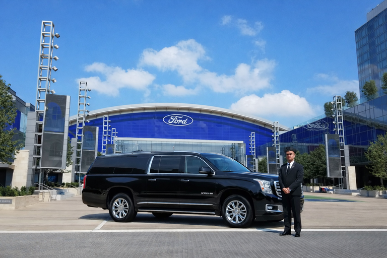 Agency Chauffeur professional driver standing beside a luxury SUV at The Star in Frisco